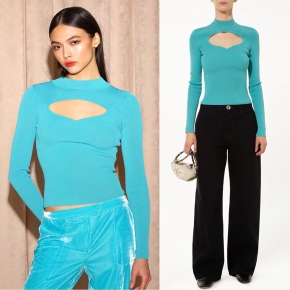 STAUD 90s Turquoise Rib Knit Mockneck Heart Cutout Long Sleeve Slim Fit Top XS - Picture 6 of 12